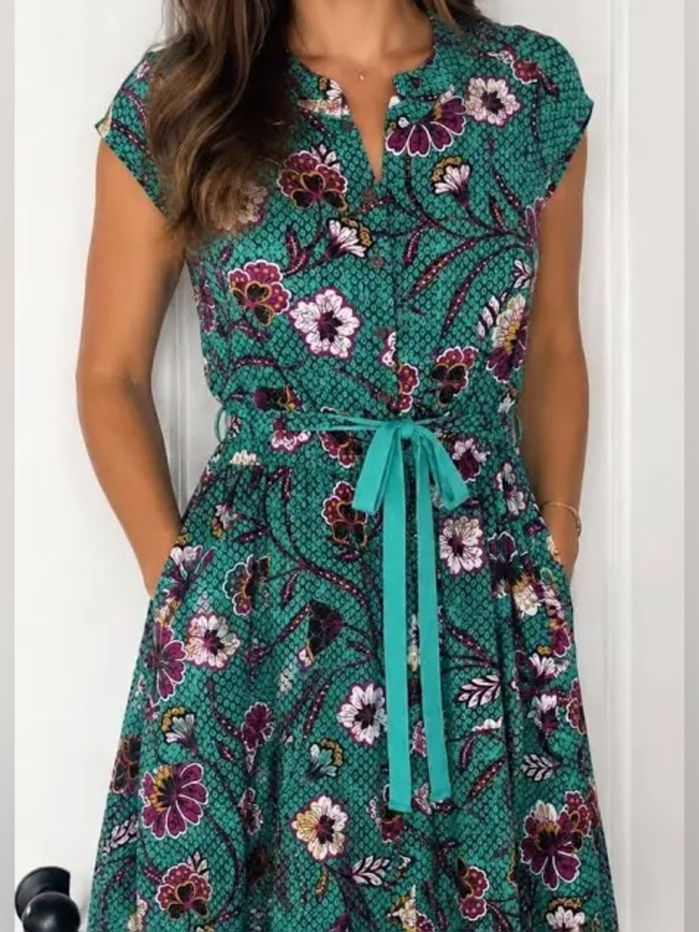 LOFT Green Floral Tie-Waist Midi Dress